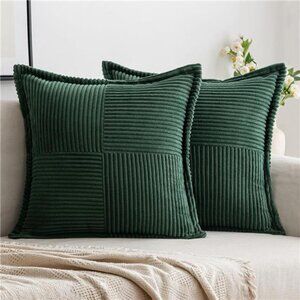 Set of 2 Dark Green Corduroy Pillow Covers,Boho Striped Decorative Cushion 18x18